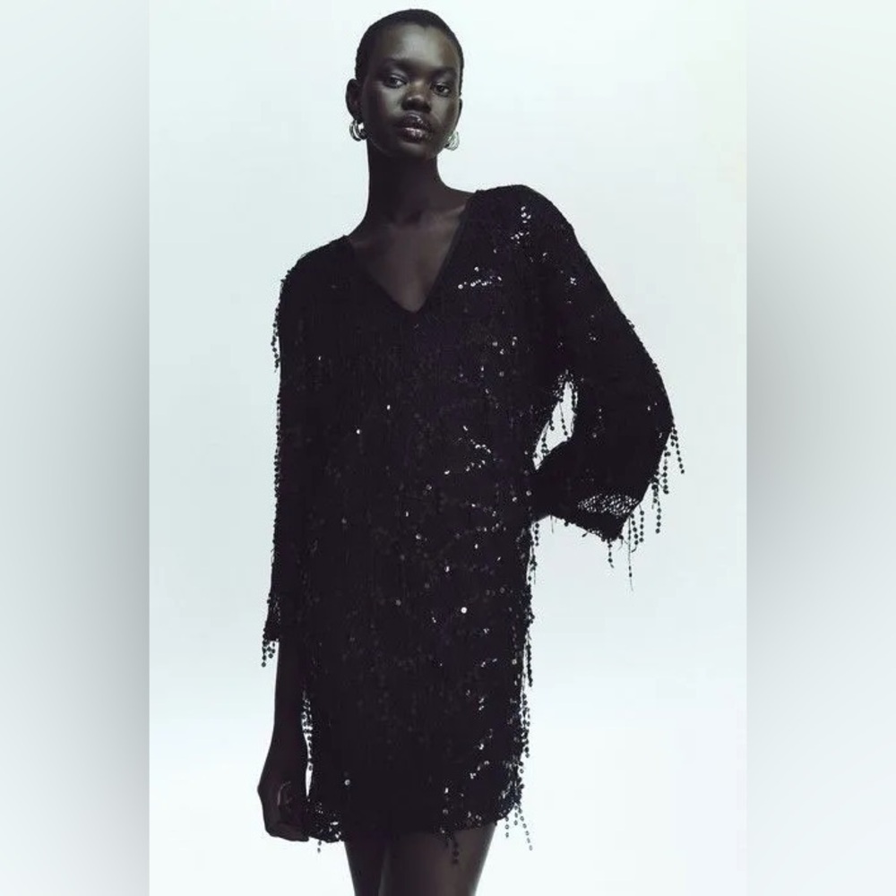 Zara FRINGED SEQUIN MINI DRESS. Black. Size S. New with Tags. - Picture 4 of 10